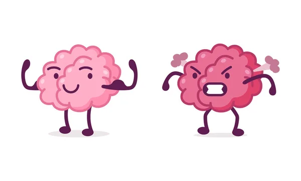 Personaje del cerebro divertido sonriendo y humeante con conjunto de vectores de ira — Archivo Imágenes Vectoriales