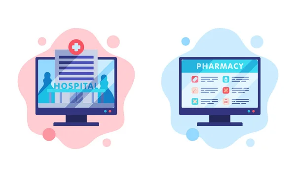 Healthcare and Pharmacy Mobile and Digital Service App on Computer Screen Vector Set —  Vetores de Stock