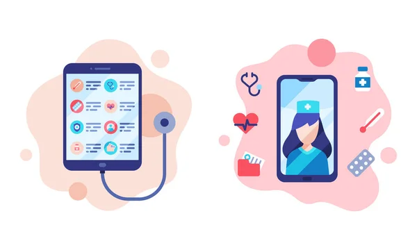 Mobile und digitale Service-App für Gesundheitswesen und Apotheke auf Tablet und Smartphone — Stockvektor