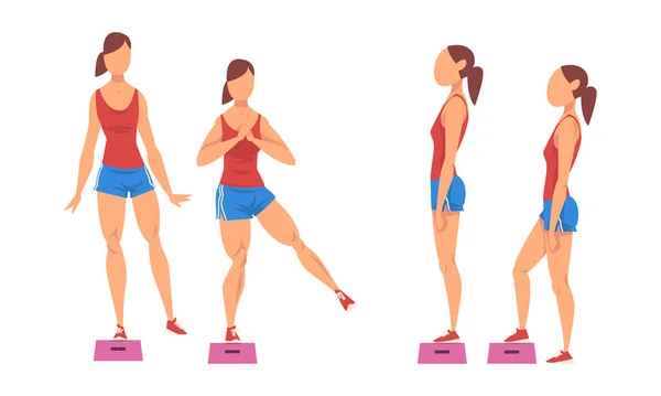 Kısa Şortlu Kadın Spor Yapıyor ve Stepper vektör kümesi ile Güç Egzersizi — Stok Vektör