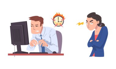 Erkek Ofis İşçisi İş Yeri 'nde Geç Kalma ve Kızgın Baş Vektör Ayarları Süresinde Başarısız Oldu