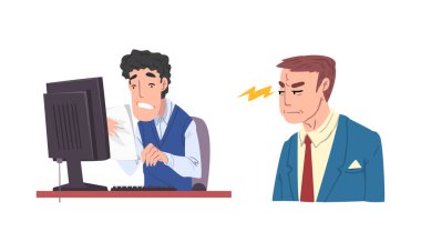 Erkek Ofis İşçisi İş Yeri 'nde Geç Kalma ve Kızgın Baş Vektör Ayarları Süresinde Başarısız Oldu