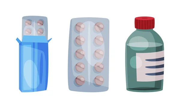 Blister Pack with Pills and Medication in Bottle Vector Set — Stock vektor