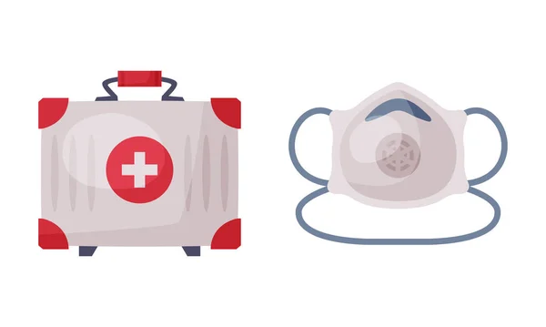 First Aid Box with Cross Sign and Respirator Face Mask Vector Set — 图库矢量图片