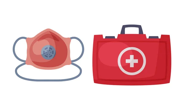 First Aid Box with Cross Sign and Respirator Face Mask Vector Set — 图库矢量图片
