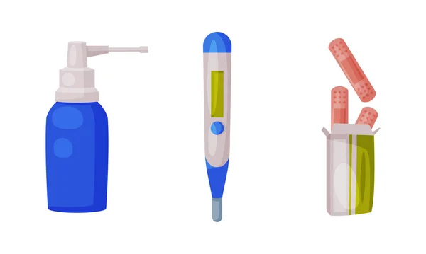 Termómetro, botella de aerosol y yeso adhesivo para el conjunto de vectores de tratamiento de primeros auxilios — Archivo Imágenes Vectoriales