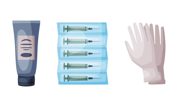 Salbe in Tube, Spritzenpaket und Medizinhandschuhen Vektor-Set — Stockvektor