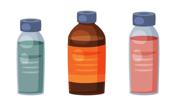 Butelki z płynem jako lekiem farmaceutycznym lub zestawem wektorów — Wektor stockowy