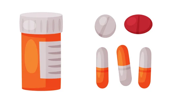 Garrafa com cápsulas como medicamento farmacêutico ou conjunto de vetores de medicação —  Vetores de Stock
