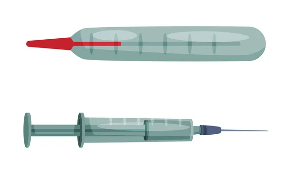 Fieberthermometer und medizinische Spritze für Body Injection Vector Set — Stockvektor