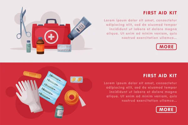 First Aid Kit Landing Page with Medical Equipment and Medication Vector Template — 图库矢量图片