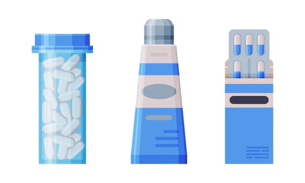 Χάπια και κάψουλα φαρμακευτική αγωγή σε συσκευασία κυψέλης και Vial Vector Set — Διανυσματικό Αρχείο