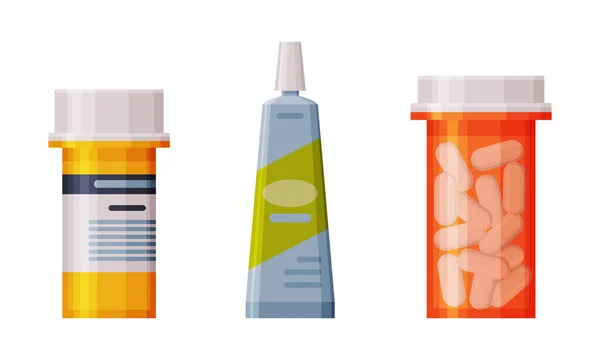 Χάπια και κάψουλα φαρμακευτική αγωγή σε Vial Vector Set — Διανυσματικό Αρχείο