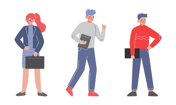Young Business Man and Woman with Briefcase and Clipboard Vector Set - Stok Vektor