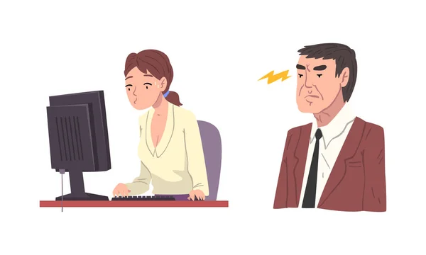 Woman Office Worker Failed with Deadline Staying Late at Workplace and Angry Chief Vector Set — Stock Vector