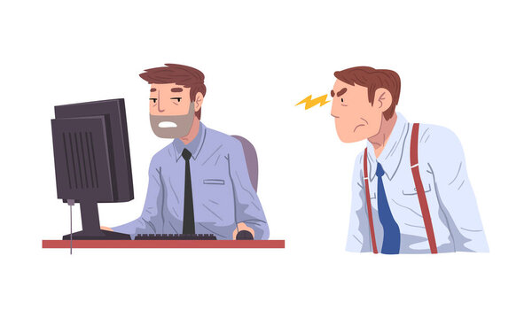 Man Office Worker Failed with Deadline Staying Late at Workplace and Angry Chief Vector Set