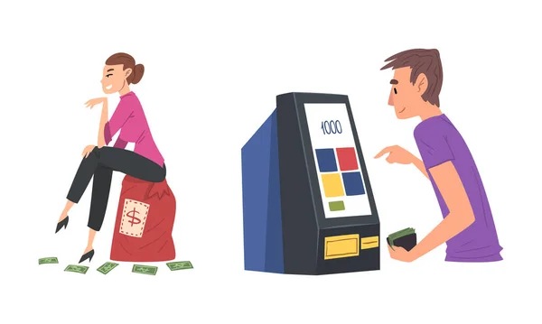 Rich and Wealthy Man and Woman Character Withdrawing Dollar Banknotes at ATM and Sitting on Sack with Cash Vector Set — Stock vektor