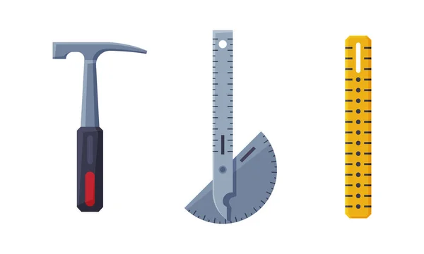 Regla y martillo como instrumento de geología y conjunto de vectores de herramientas — Vector de stock