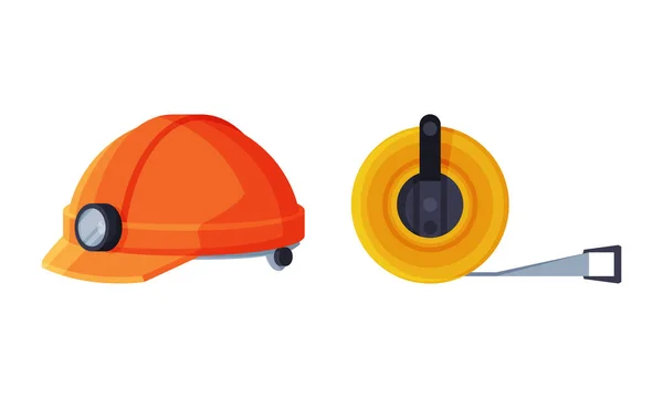 Fita métrica e chapéu duro com lanterna elétrica como instrumento de geologia e conjunto de vetores de ferramentas —  Vetores de Stock