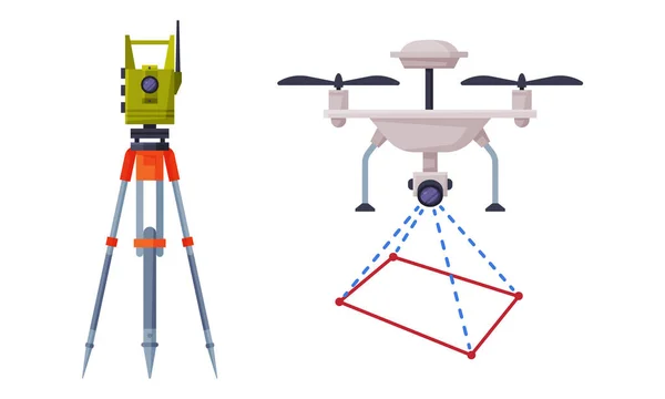 Geology Instrument and Tool with Tacheometer on Tripod and Copter Vector Set — 图库矢量图片
