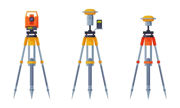 Instrumento y herramienta de geología con tacómetro en conjunto de vectores de trípode — Vector de stock