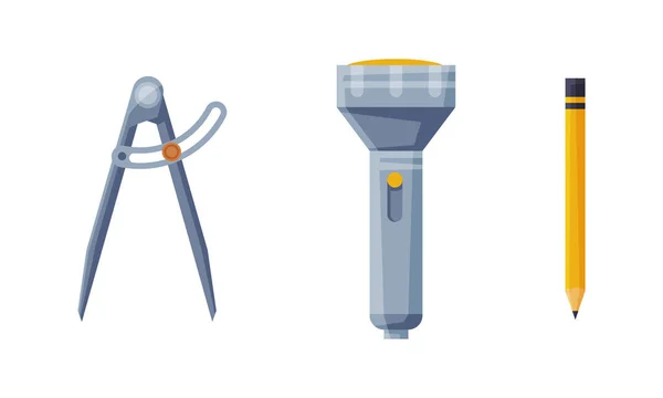 Geologie-Instrument und -Werkzeug mit Kompass und Taschenlampen-Vektor-Set — Stockvektor