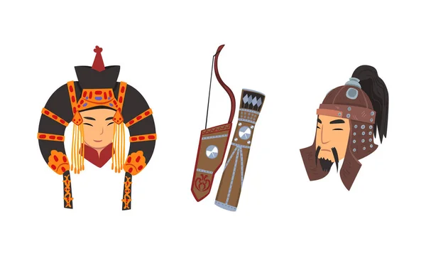 Hombre mongol que usa ropa tradicional y conjunto de vectores de espada — Vector de stock