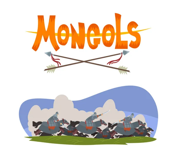 Mongolen kämpfen auf dem Feld Angriff mit Schwert und gekreuzten Pfeilen Vektor-Set — Stockvektor