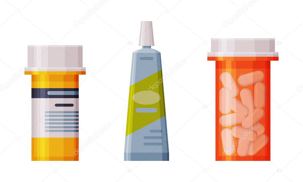 Pills and Capsule Medication in Vial Vector Set