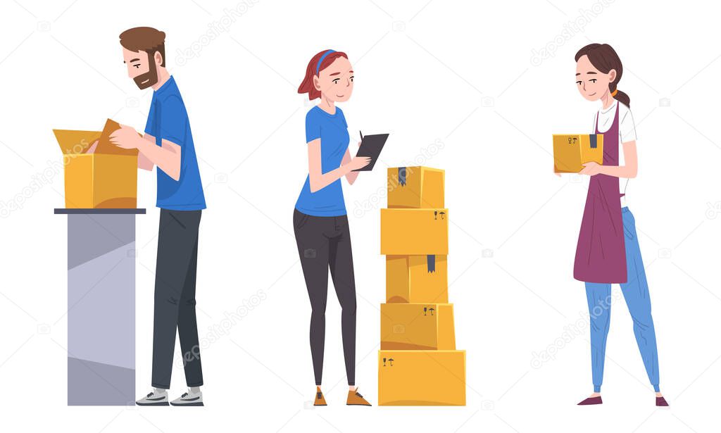 Young Man and Woman Carrying and Checking Cardboard Box Working with Parcels in Warehouse Vector Set