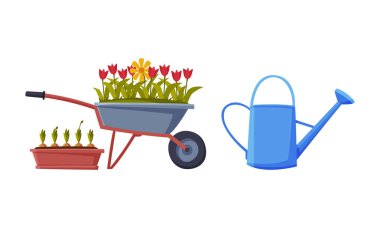 Çiçekli Su Kutusu ve El Arabası Bahçe Aletleri Vektörü Seti