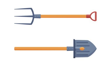 Tahta saplı kürek ve Pitchfork, Bahçe Aletleri Vektör Kümesi