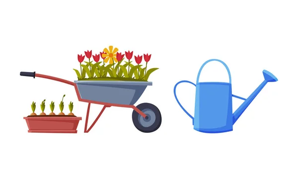 Regadera y carretilla con flores como herramientas de jardín Set de vectores — Vector de stock