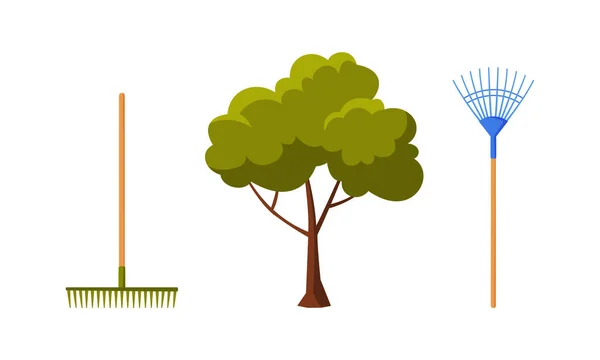 Rake with Handle as Garden Tools and Tree Vector Set — 图库矢量图片