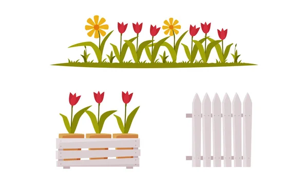 Wooden Fence and Palisade with Growing Garden Flowers Vector Set — Stock vektor