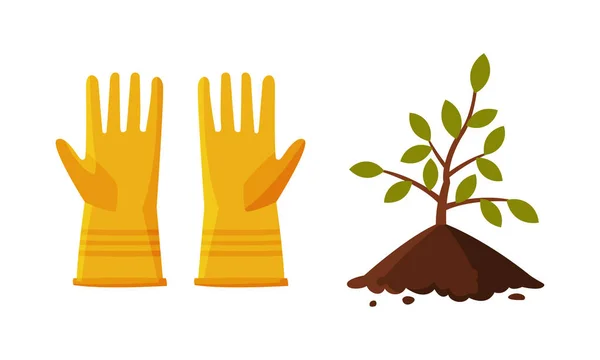 Rubber Gloves as Garden Tool and Soil Pile with Young Seedling Vector Set — Stock Vector