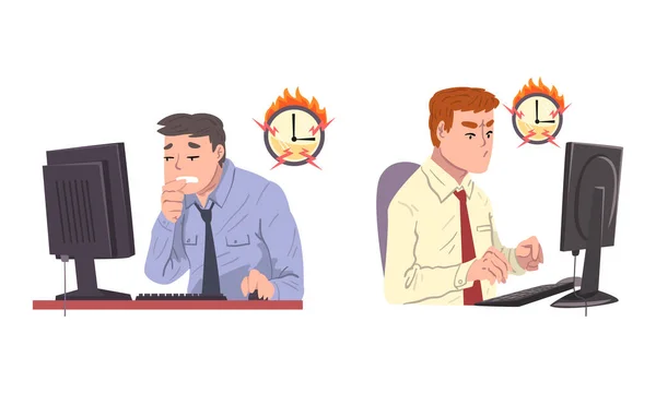 Man Office Worker nie udało się z ostatecznym pobytem późno w miejscu pracy i Burning Clock Vector Set — Wektor stockowy