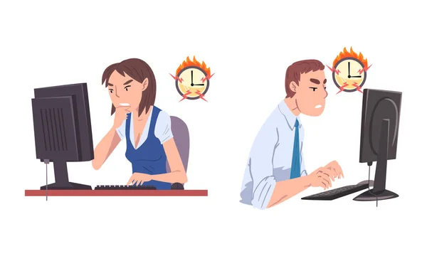 Homme et femme employé de bureau échoué avec la date limite Rester en retard sur le lieu de travail et brûler ensemble vecteur horloge — Image vectorielle