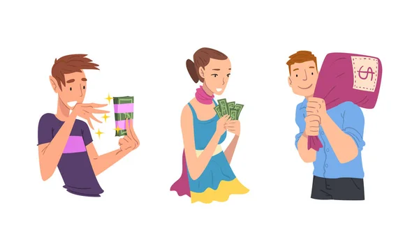 Hombre rico y adinerado y personaje de mujer sosteniendo billetes de dólar y conjunto de vectores de sacos — Vector de stock