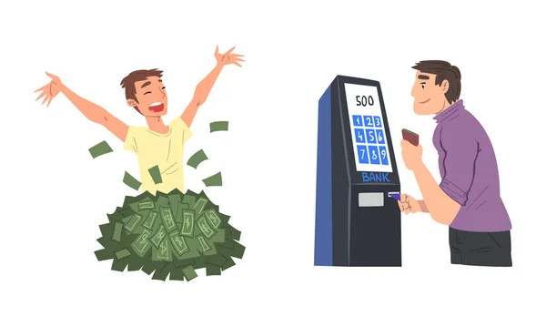Uomo ricco e ricco Personaggio in Dollaro Banconote Pile e prelevare contanti presso ATM Vector Set — Vettoriale Stock