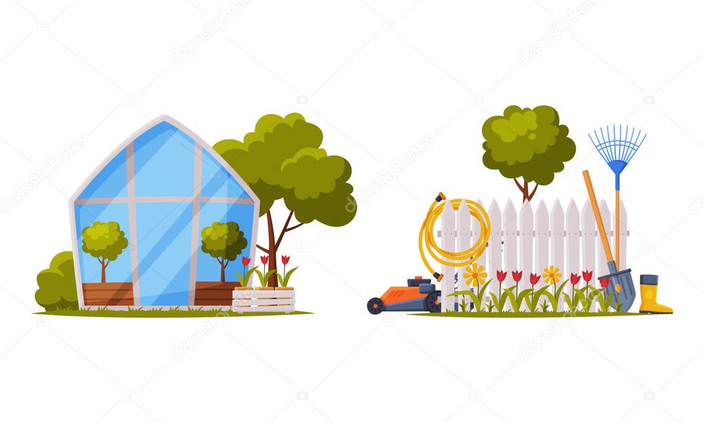 Greenhouse with Crop Growing and Palisade with Garden Tools Vector Set