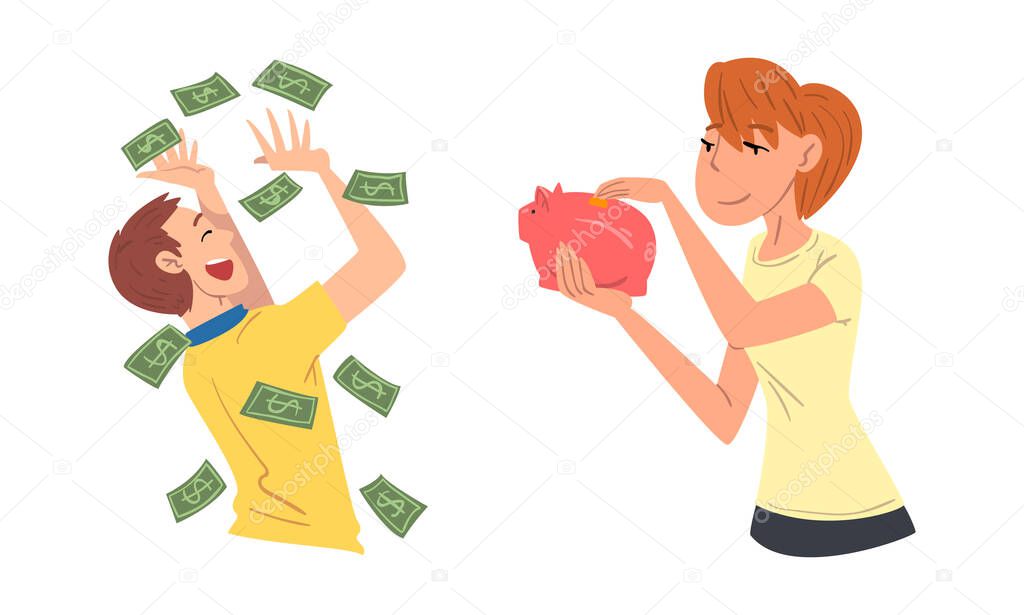 Rich and Wealthy Man and Woman Character with Falling Dollar Banknotes and Putting Coin in Piggy Bank Vector Set