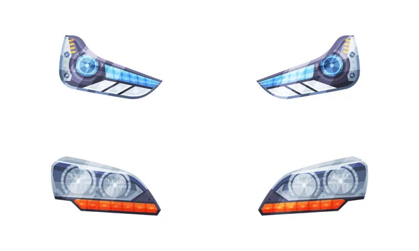 Pair of Headlamp or Headlights as Lamp Attached to Front of Vehicle for Illumination of Road Vector Set — Stock vektor