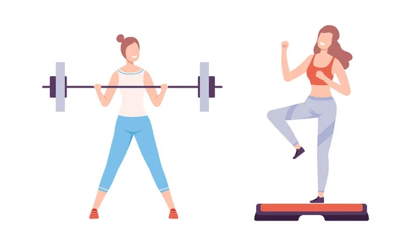 Young Woman Lifting Heavy Barbell and Raising Legs Doing Fitness Workout Vector Set — Stock Vector