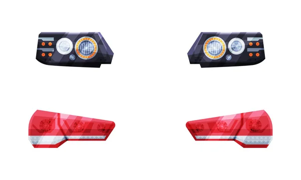 Para świateł głównych lub reflektorów jako światło przymocowane do przedniej części pojazdu w celu podświetlenia zestawu wektorów drogowych — Wektor stockowy