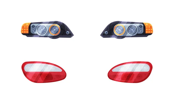 Koplampen of koplampen die aan de voorzijde van het voertuig zijn bevestigd voor de verlichting van de wegvectorset — Stockvector