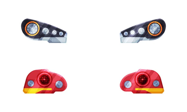 Paar Scheinwerfer oder Scheinwerfer als Lampe an der Fahrzeugfront zur Beleuchtung des Straßenvektorsatzes — Stockvektor