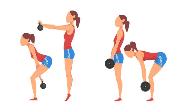 Mujer en pantalones cortos haciendo ejercicio deportivo y fuerza Levantamiento de ejercicio Kettlebell y barra Vector Set — Archivo Imágenes Vectoriales