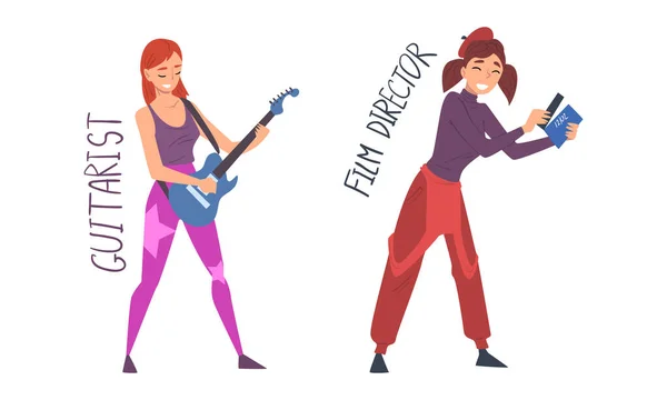 Women Film Director with Clapperboard and Guitarist Playing Guitar Have Creative Professional Vector Set — ストックベクタ