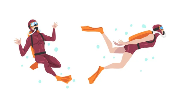 Scuba Diving Man and Woman with Breathing Equipment and Flippers Diving Underwater Vector Set — 图库矢量图片
